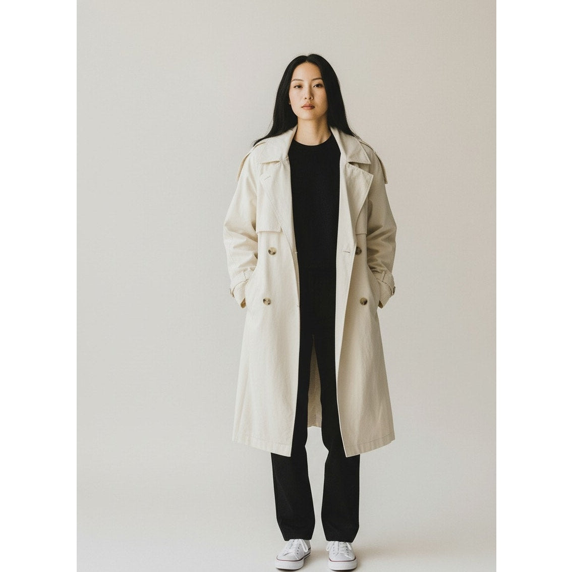 Calia women's hooded trench coat in cream, lightweight belted jacket with long sleeves and front pockets, size XL.