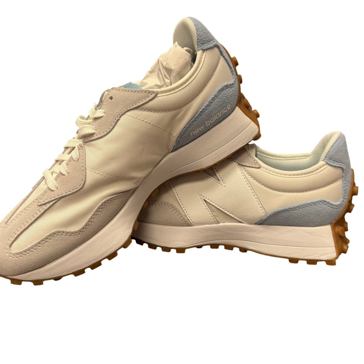 New Balance 327 women's retro sneakers in beige, cream, and grey with gum sole, size US 9, stylish casual footwear