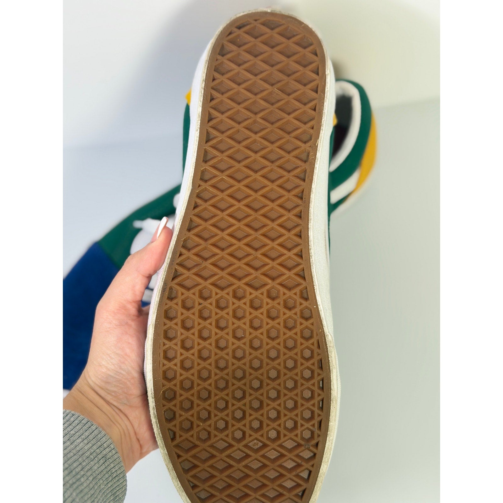VANS Old Skool colorblock sneakers in green, blue, and white with classic design, men's size 10.5 and women's size 12.