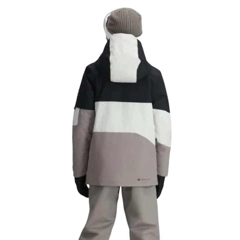 Obermeyer boys' Axel jacket in Moonstone color, size XL, showing front view with hood and zipper closure.