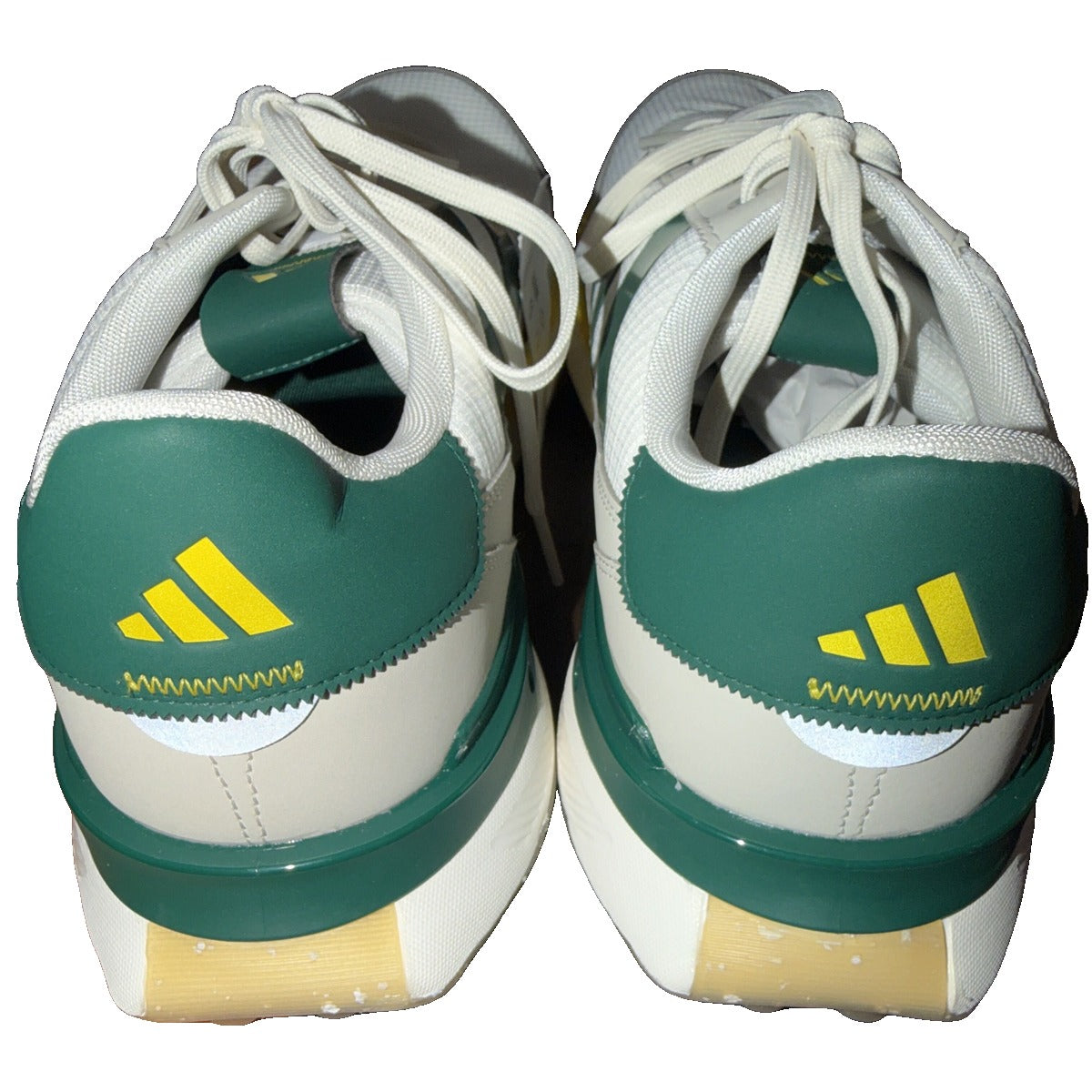 adidas men's spikeless golf shoes in cream, green, and yellow, size 13, new with tags, featuring a sleek athletic design