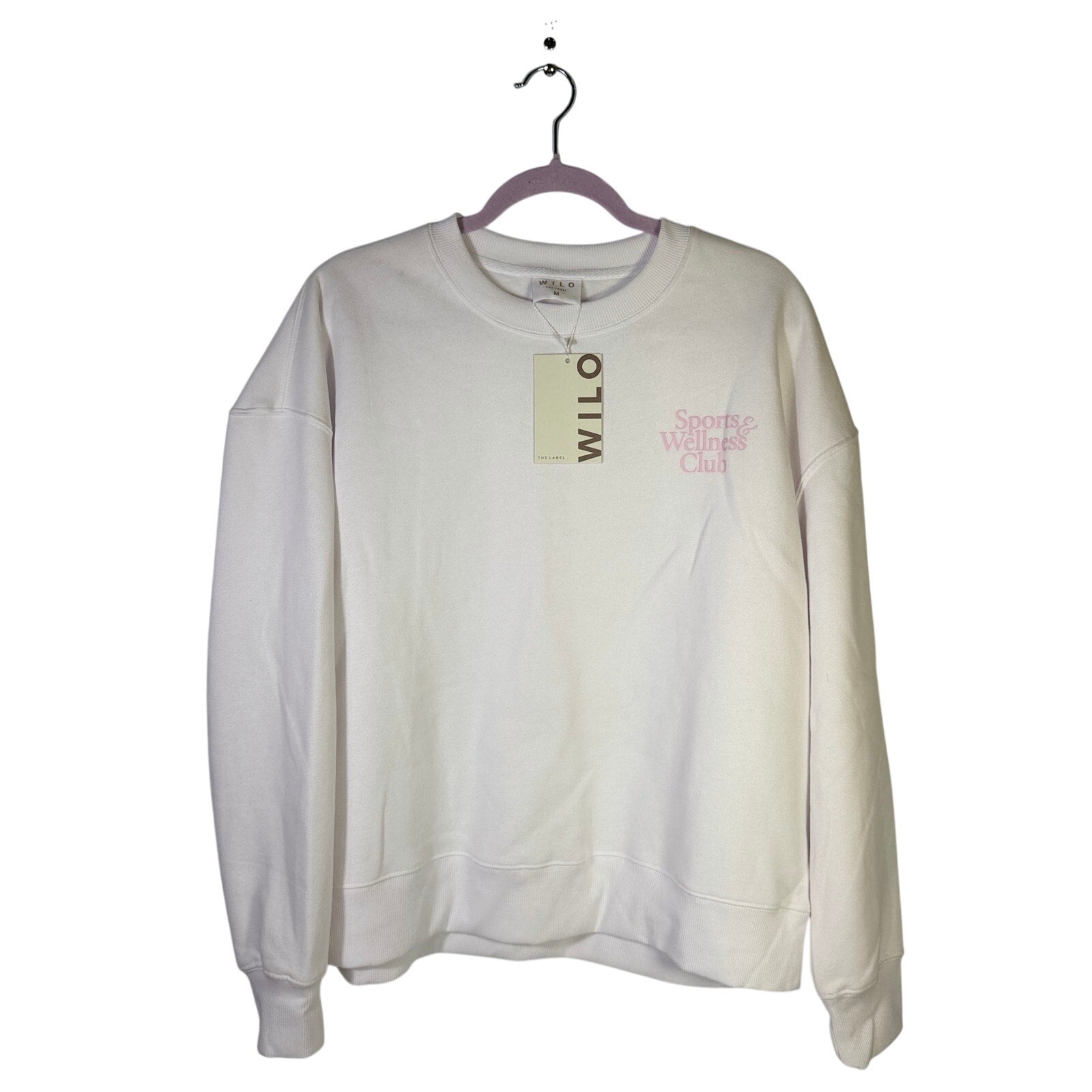 WILO The Label sports and wellness crewneck sweatshirt in white and pink, medium size, front view, new with tags.