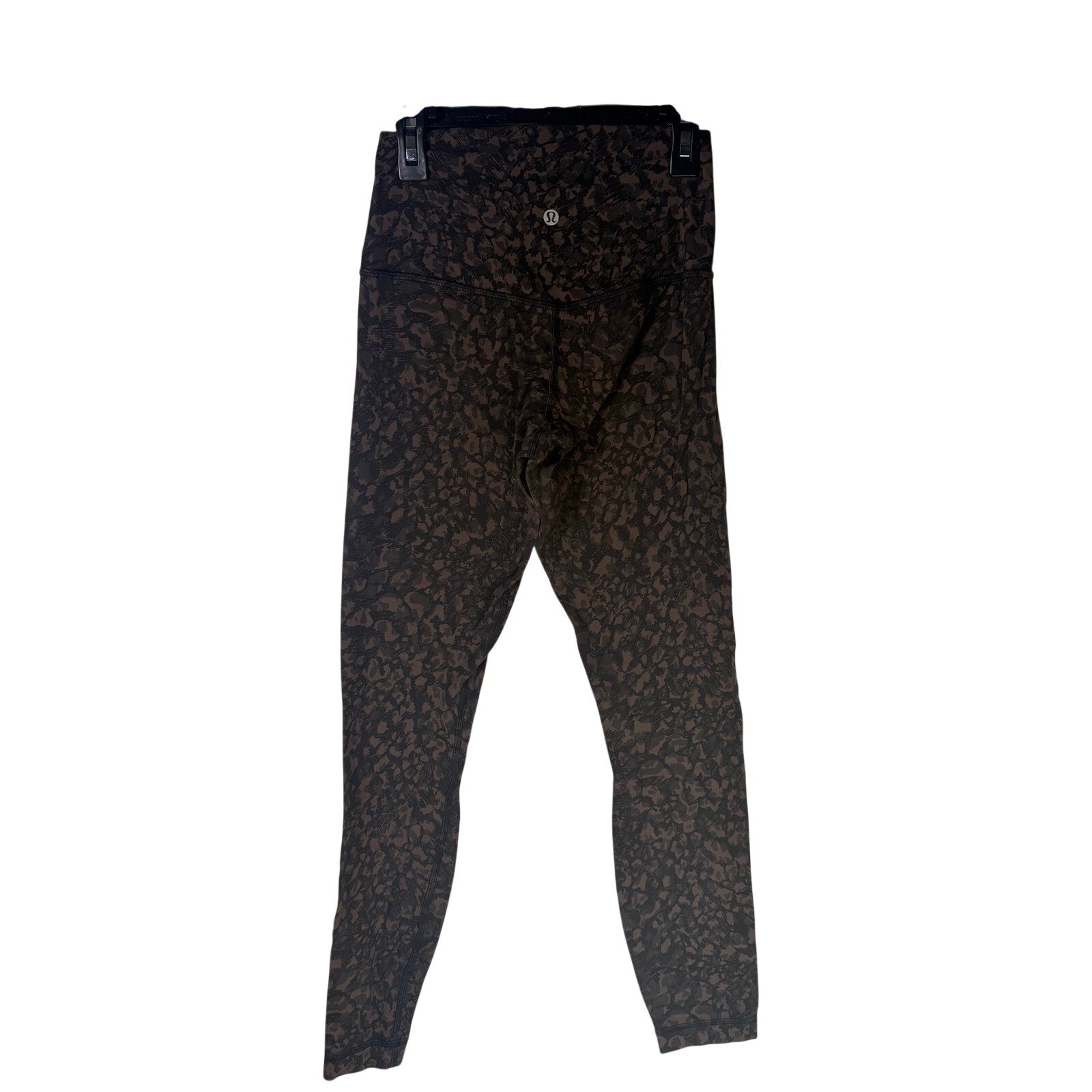 Lululemon women's Align high-rise leggings in brown and black camo, 25-inch length, size 4, shown laid flat with waistband visible.