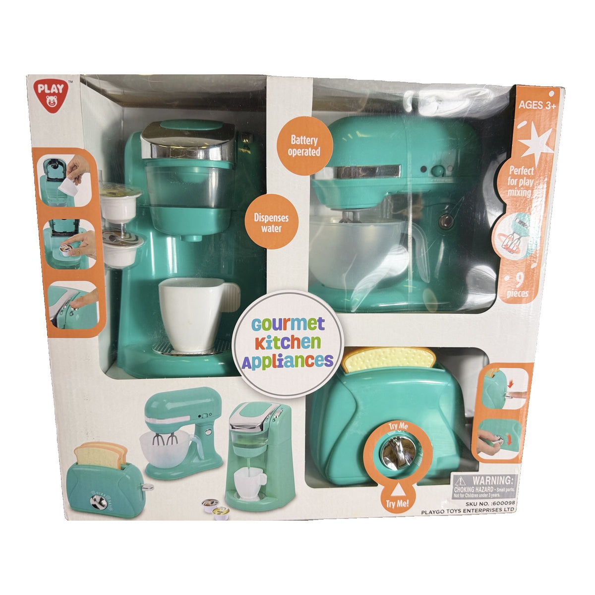 PlayGo Gourmet Kitchen Appliances 9 Pc Pretend Play Set – Coffee Maker, Mixer & Toaster – Mint (New in Box)