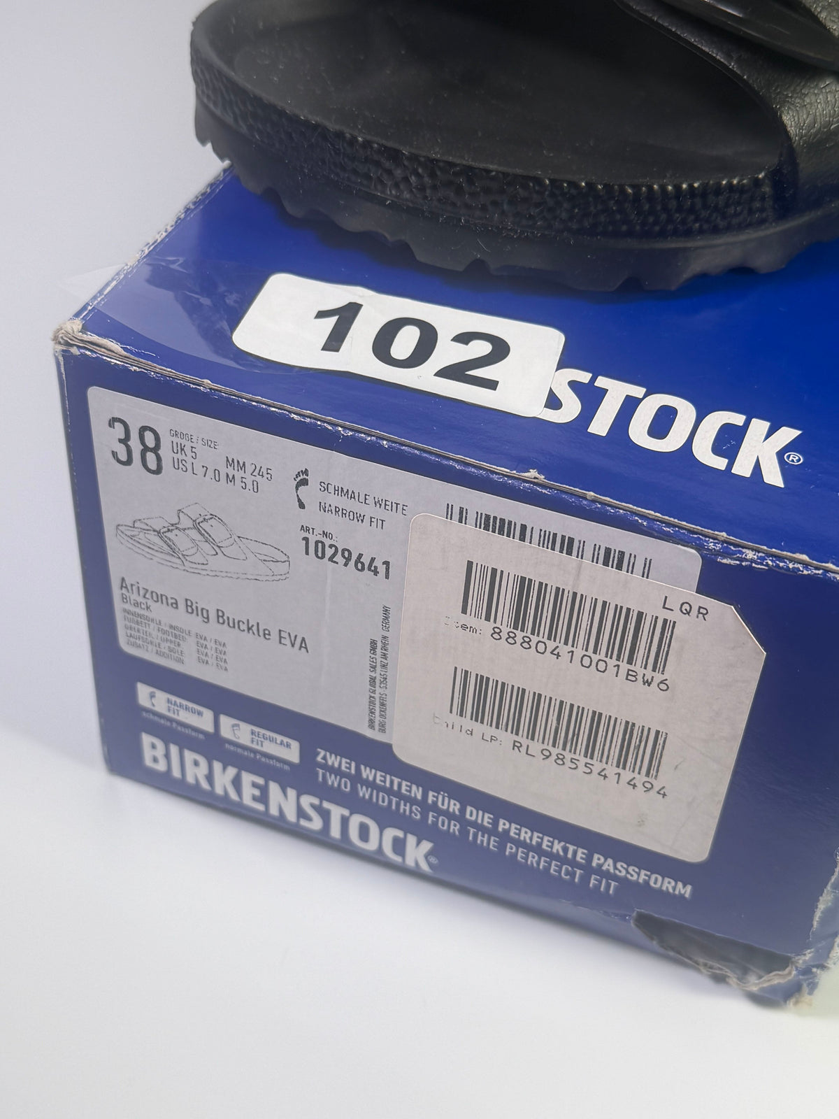 Black Birkenstock Arizona Big Buckle EVA sandals for women, US size 7, narrow fit, with adjustable straps and buckles