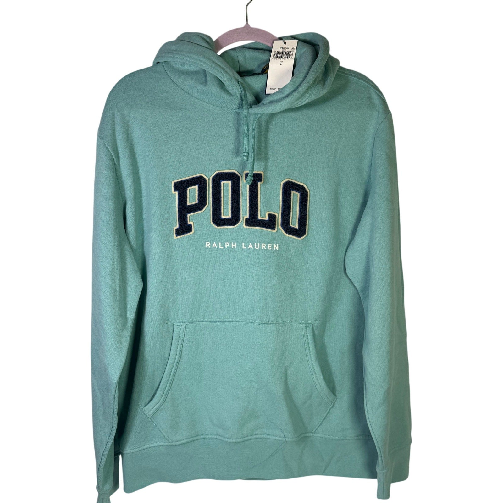 Green Polo Ralph Lauren men's classic fit hoodie with logo, long sleeves, front pocket, size L, displayed on a hanger.