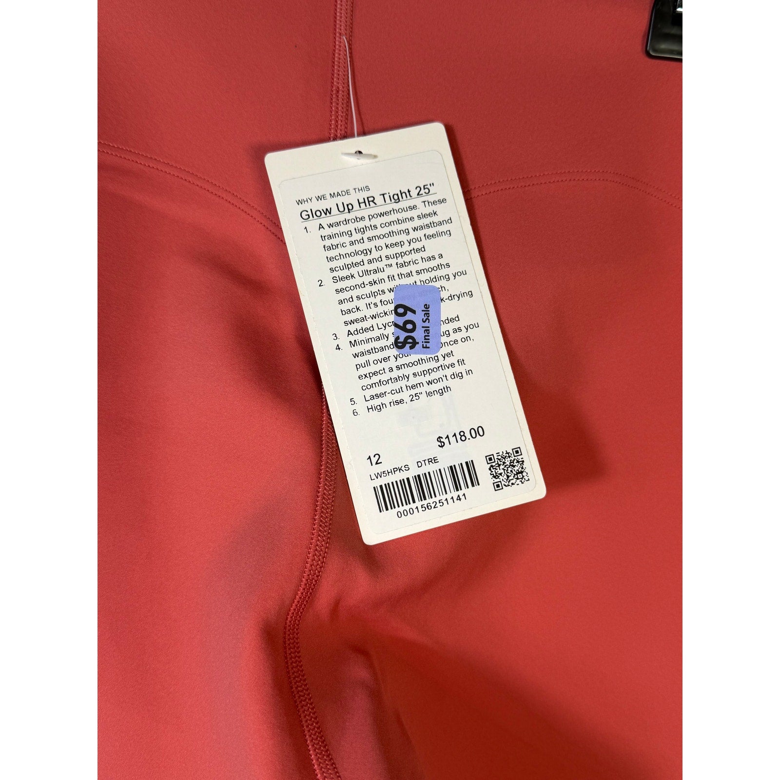 Lululemon Glow Up HR Tight 25-inch women's leggings in size 12, featuring a fitted design and high-rise waistband.