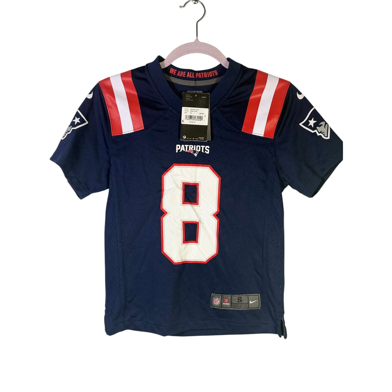 Nike youth New England Patriots Stefon Diggs #8 navy game jersey, size small, with team logo and player number visible.