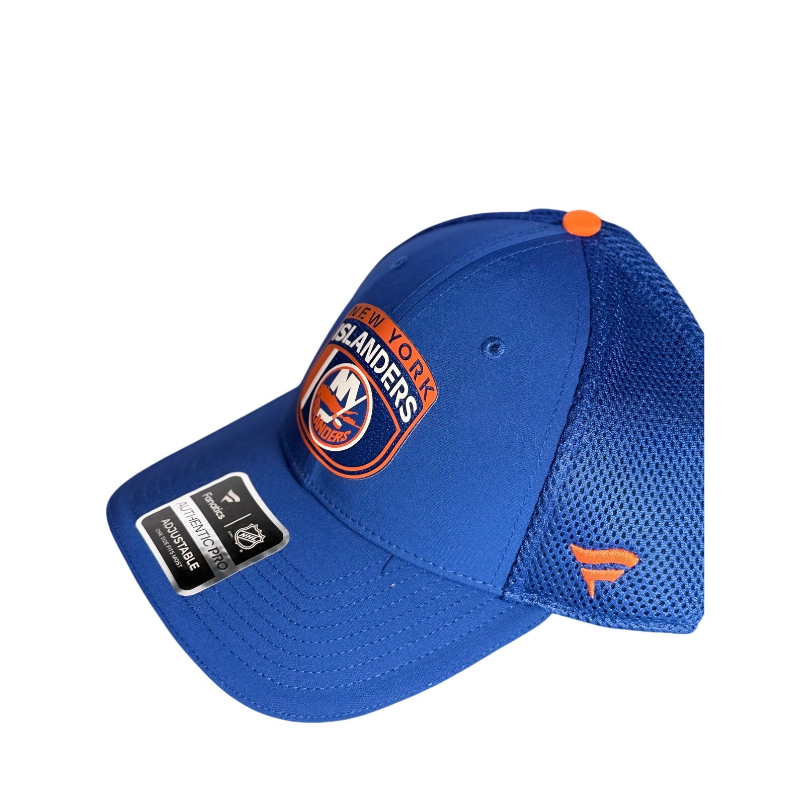 Fanatics New York Islanders authentic blue adjustable mesh hat with team logo and structured crown.
