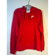 Women's red Nike Sportswear Club Fleece hoodie, medium size, soft fleece material, casual pullover sweatshirt with Nike logo.