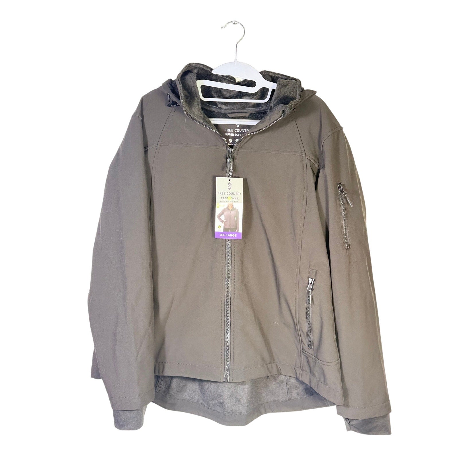 Gray Free Country women's fleece-lined hooded softshell jacket, size 2XL, showing front view with hood and zipper details.