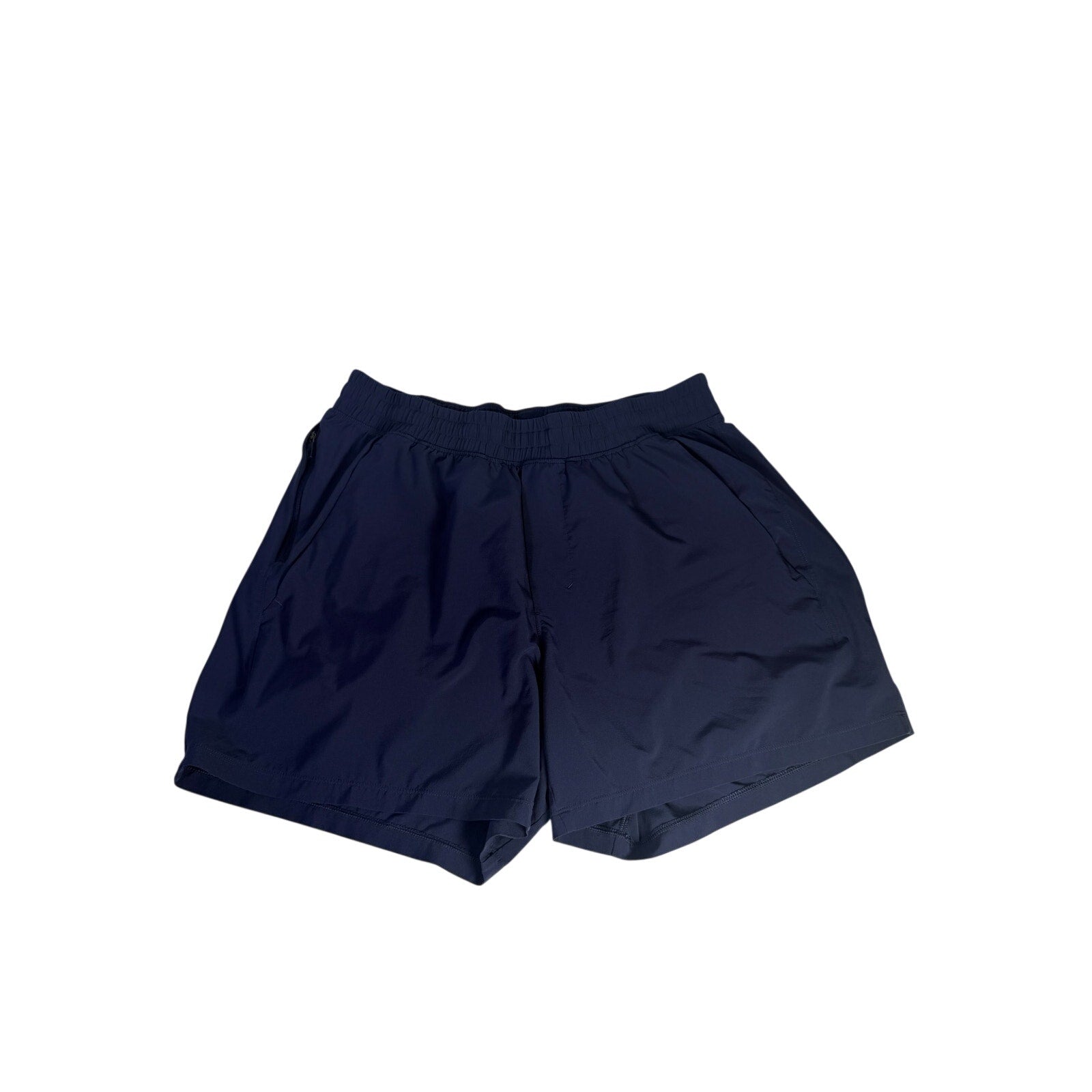 Lululemon men's navy blue athletic running shorts, size M, lightweight sports shorts with breathable fabric.