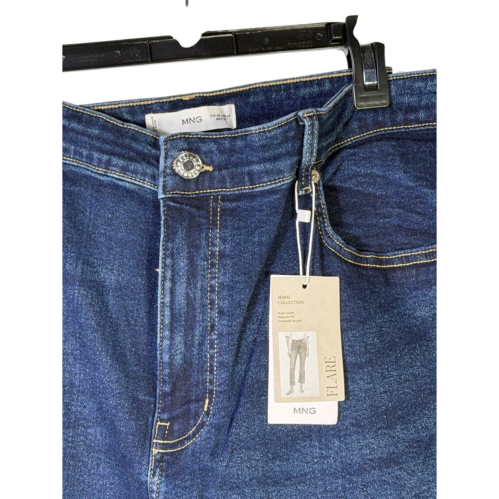 MNG women's medium wash straight leg jeans in size 16, showing the classic fit and denim texture.
