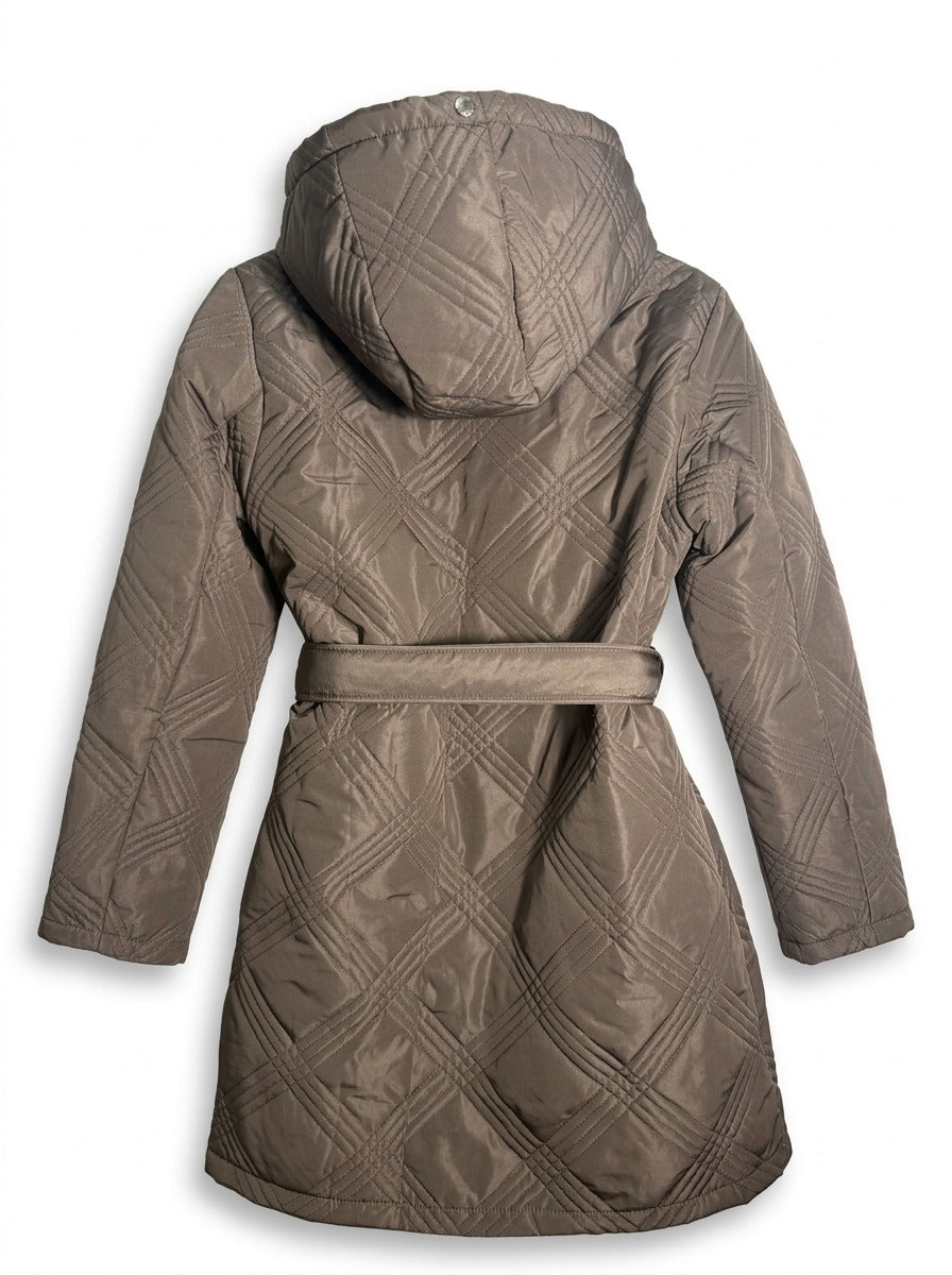 Jones New York taupe quilted belted hooded coat for women, medium size, featuring a cozy design and stylish details.