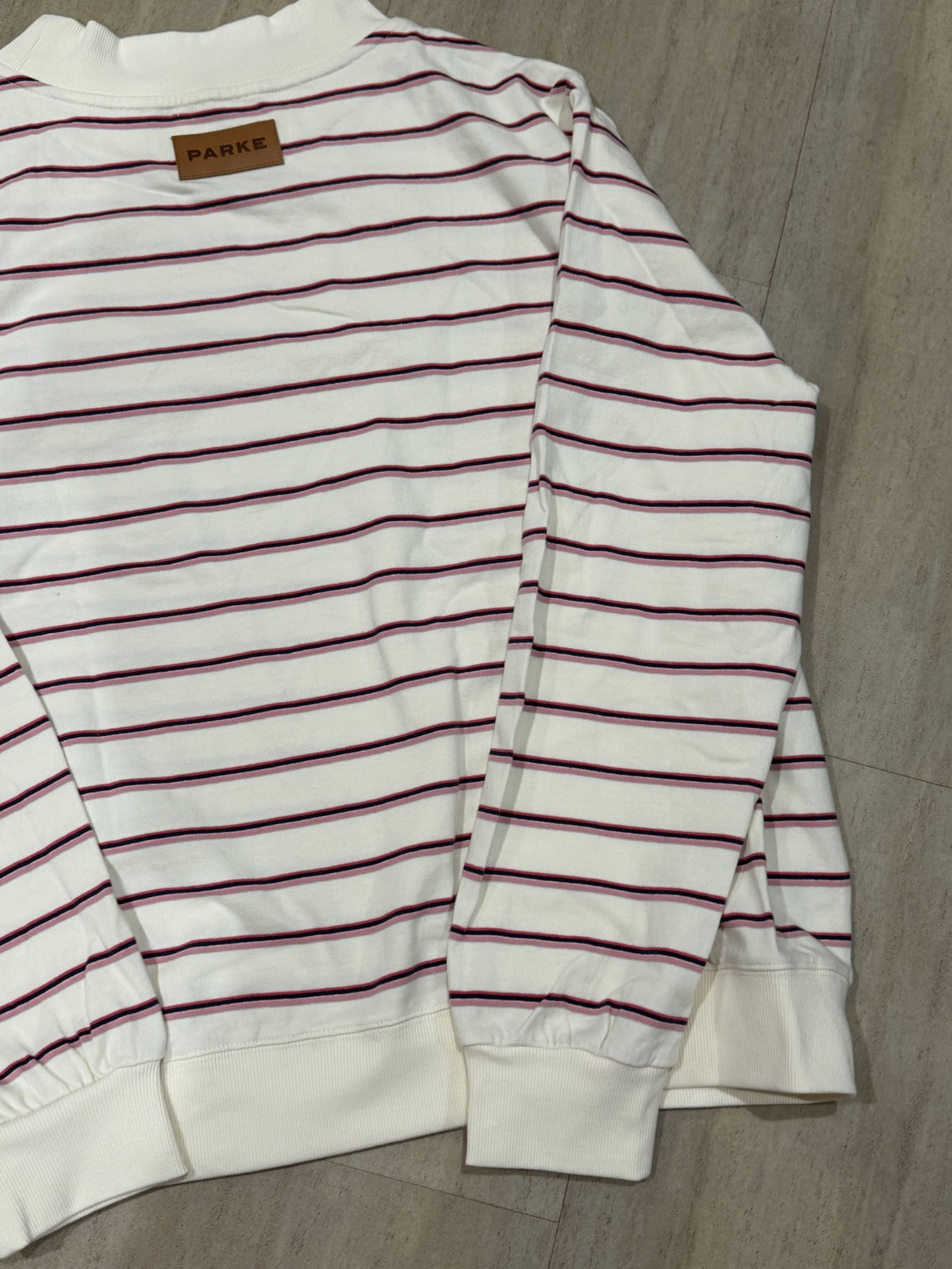 Parke Women's XXL striped mock neck sweatshirt in cream pink navy with leather logo patch, casual clothing with cozy fit