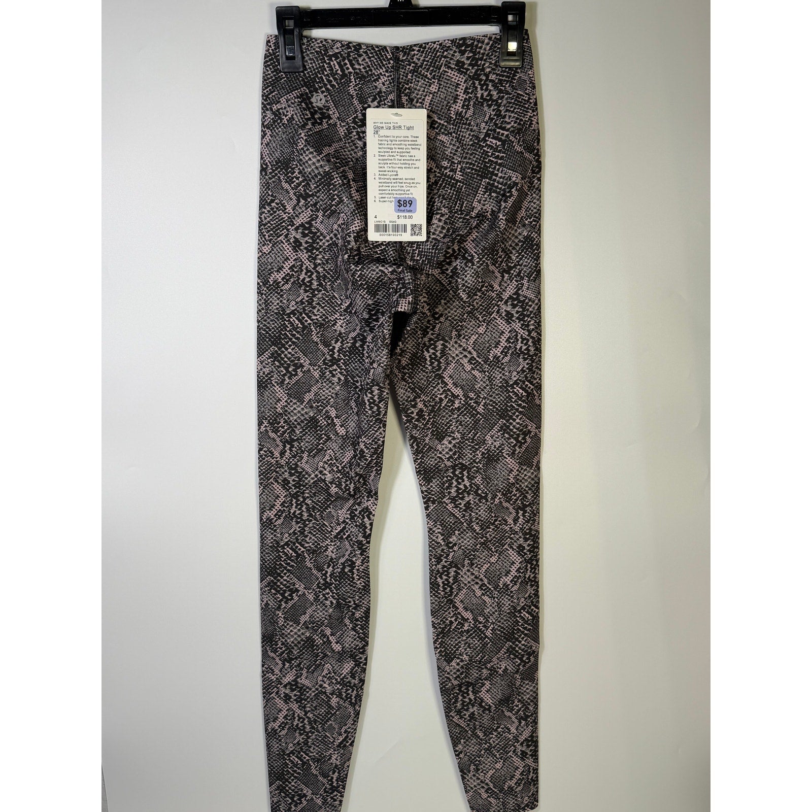 Lululemon Glow Up SHR Tight leggings in pink and black snakeskin print, size 4, 28-inch length, new with tags.