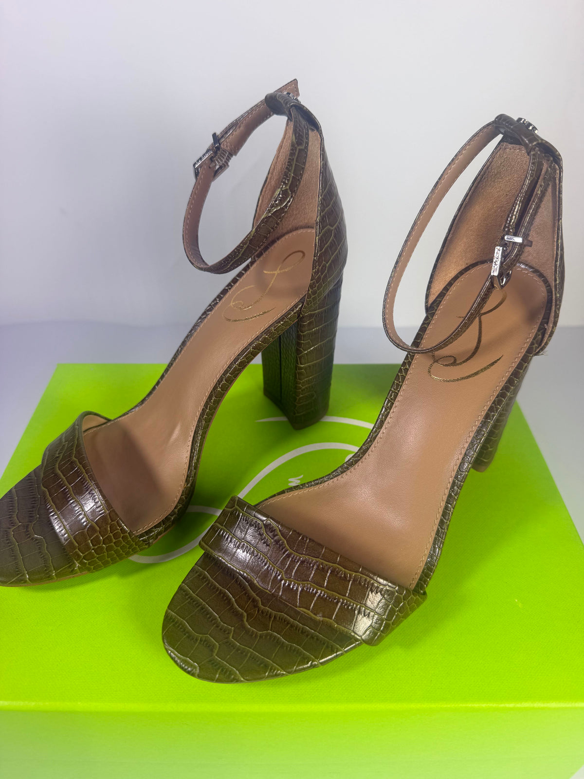 Sam Edelman Yaro green croco print ankle strap block heel sandal, women's size 8M, showing the stylish heel and strap details.