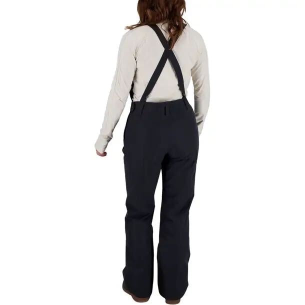 Obermeyer women's black insulated ski snow bib overalls, size 8, with adjustable straps and multiple pockets, winter snow pants.