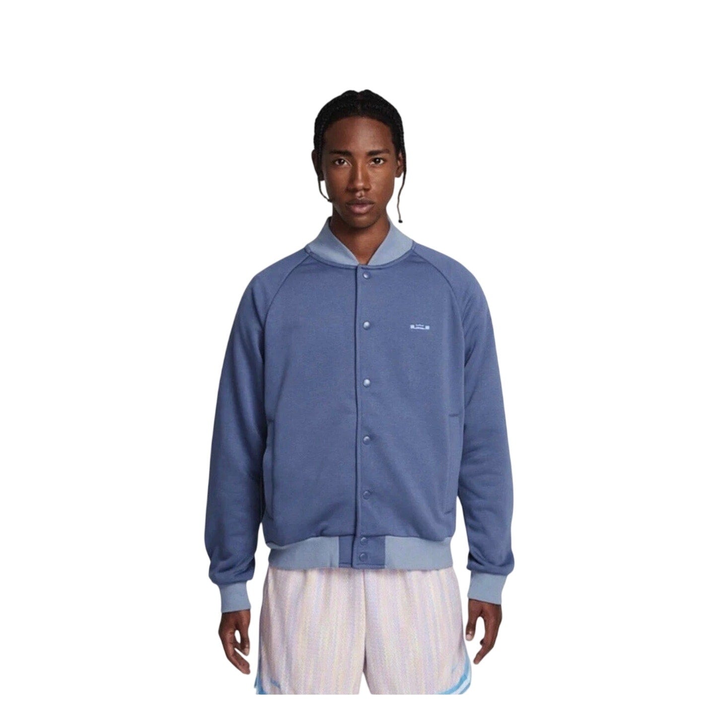 Nike LeBron men's blue basketball bomber jacket with snap buttons, front pockets, and a sporty design.