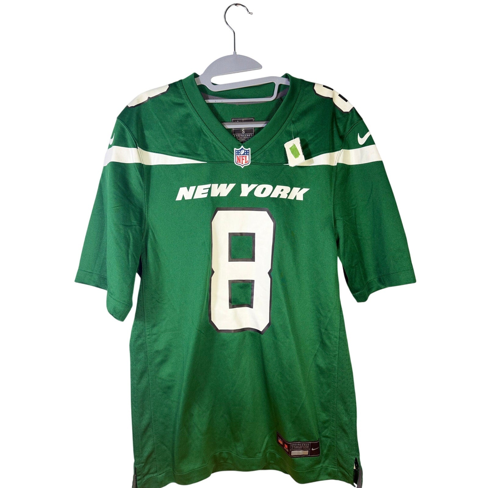 Nike New York Jets Aaron Rodgers #8 football jersey, men's small green Nike jersey with Jets branding and player number.
