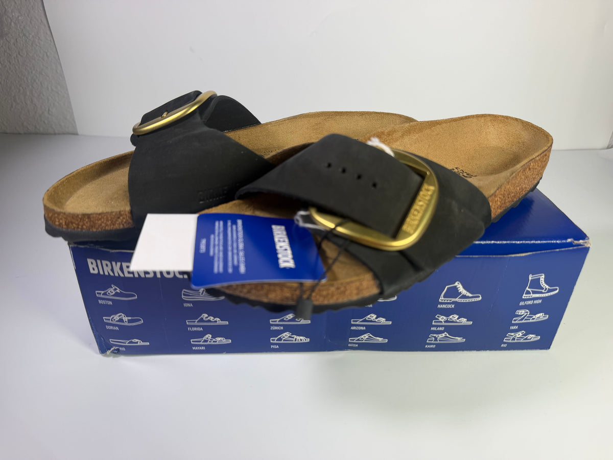 Black Birkenstock Madrid Big Buckle Sandals for women, US size 8, featuring a classic slip-on design and adjustable buckle strap.