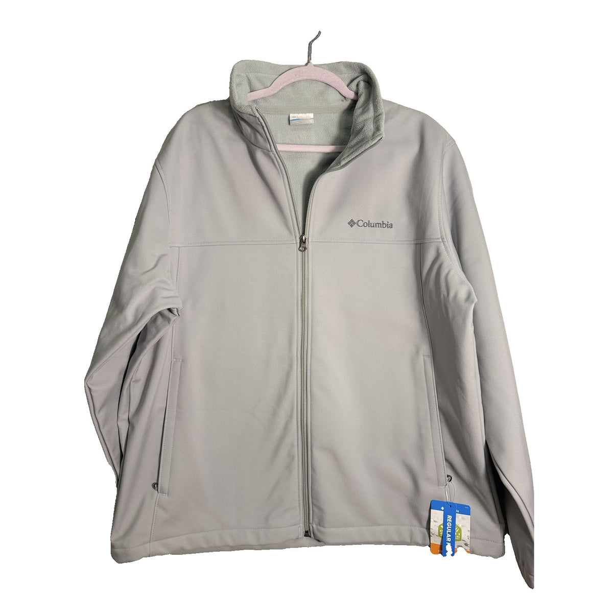 Men's Columbia Bowen Lake II Softshell Jacket in light gray, front view showing lightweight, durable outdoor jacket for men XL.