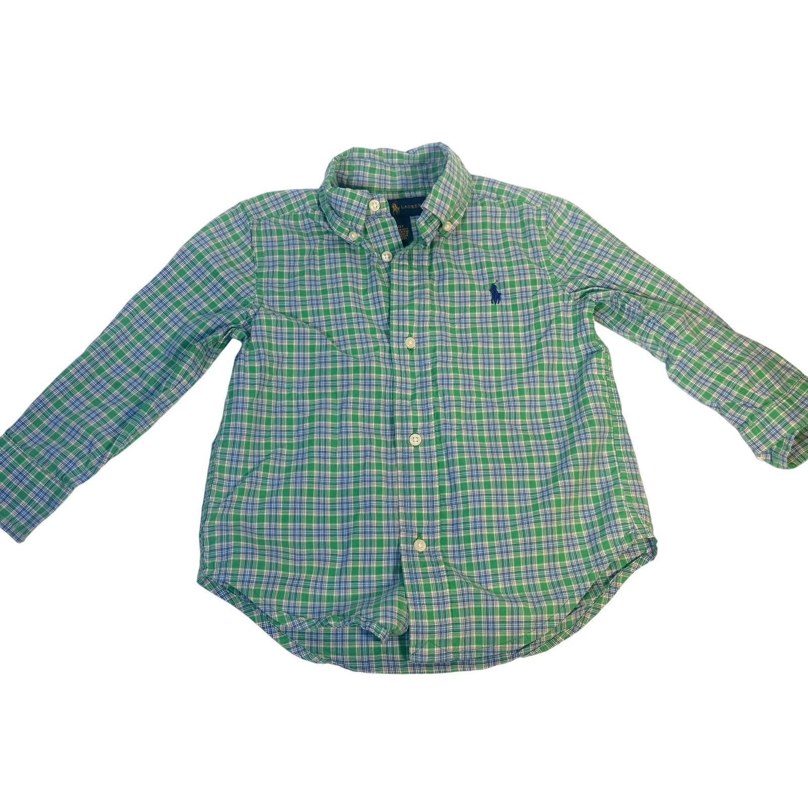 Ralph Lauren toddler boys plaid button-down shirt in green and blue, size 2/2T, with collar and long sleeves.