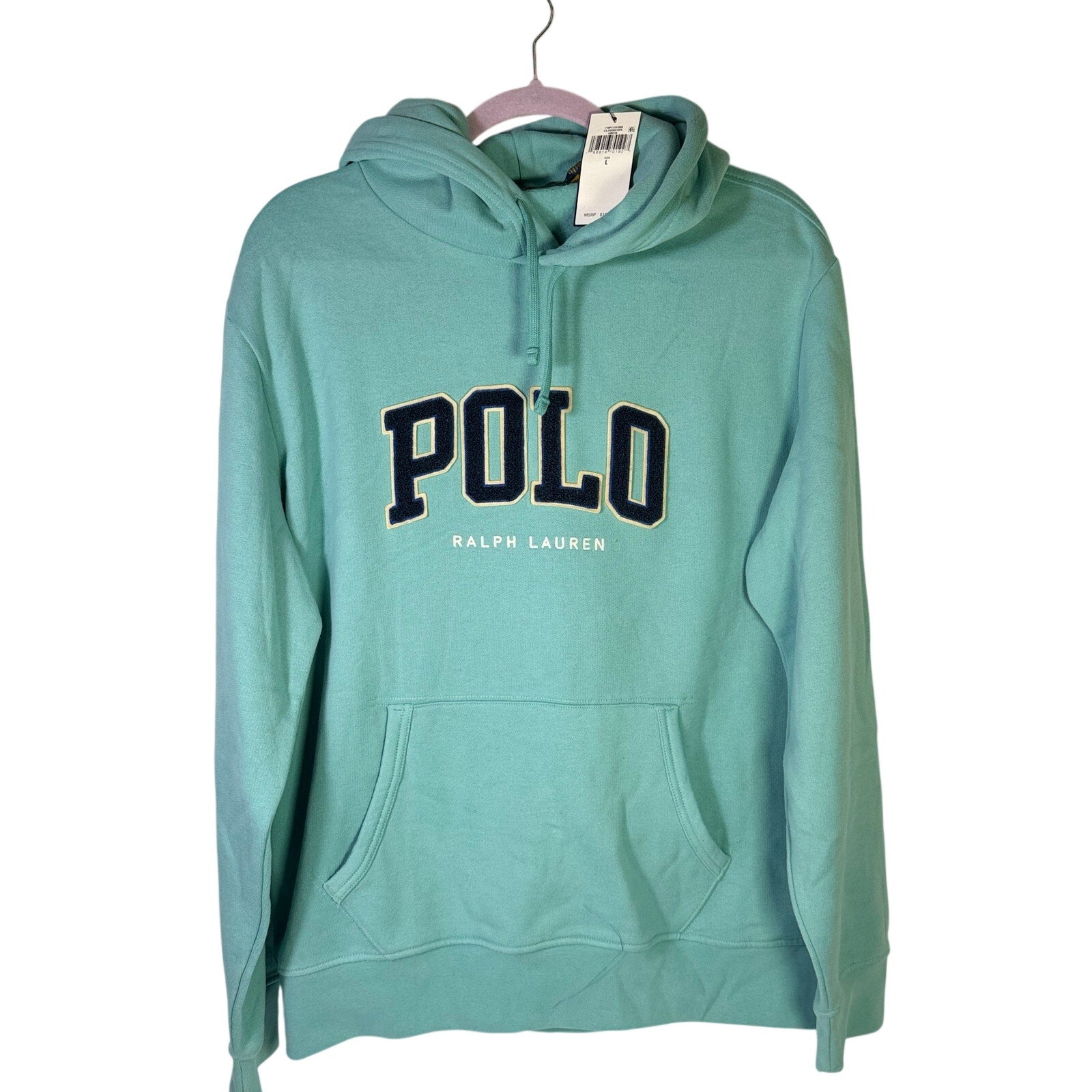Green Polo Ralph Lauren men's classic fit logo hoodie, size L, with front branding and cozy pullover design.