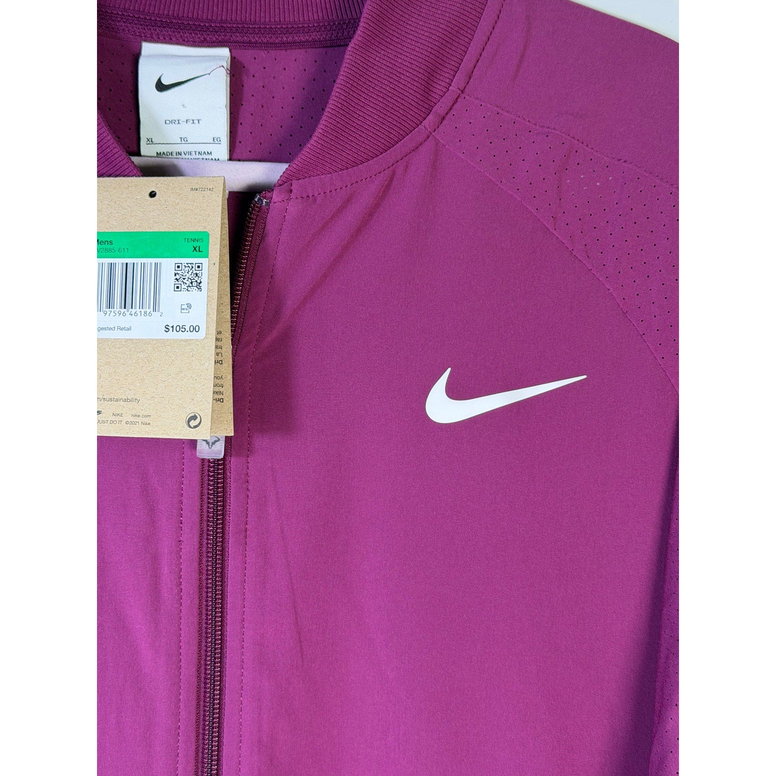 Men's Nike Rafa Dri-FIT tennis jacket in purple, full zip, lightweight, men's XL size, Nike athletic jacket.