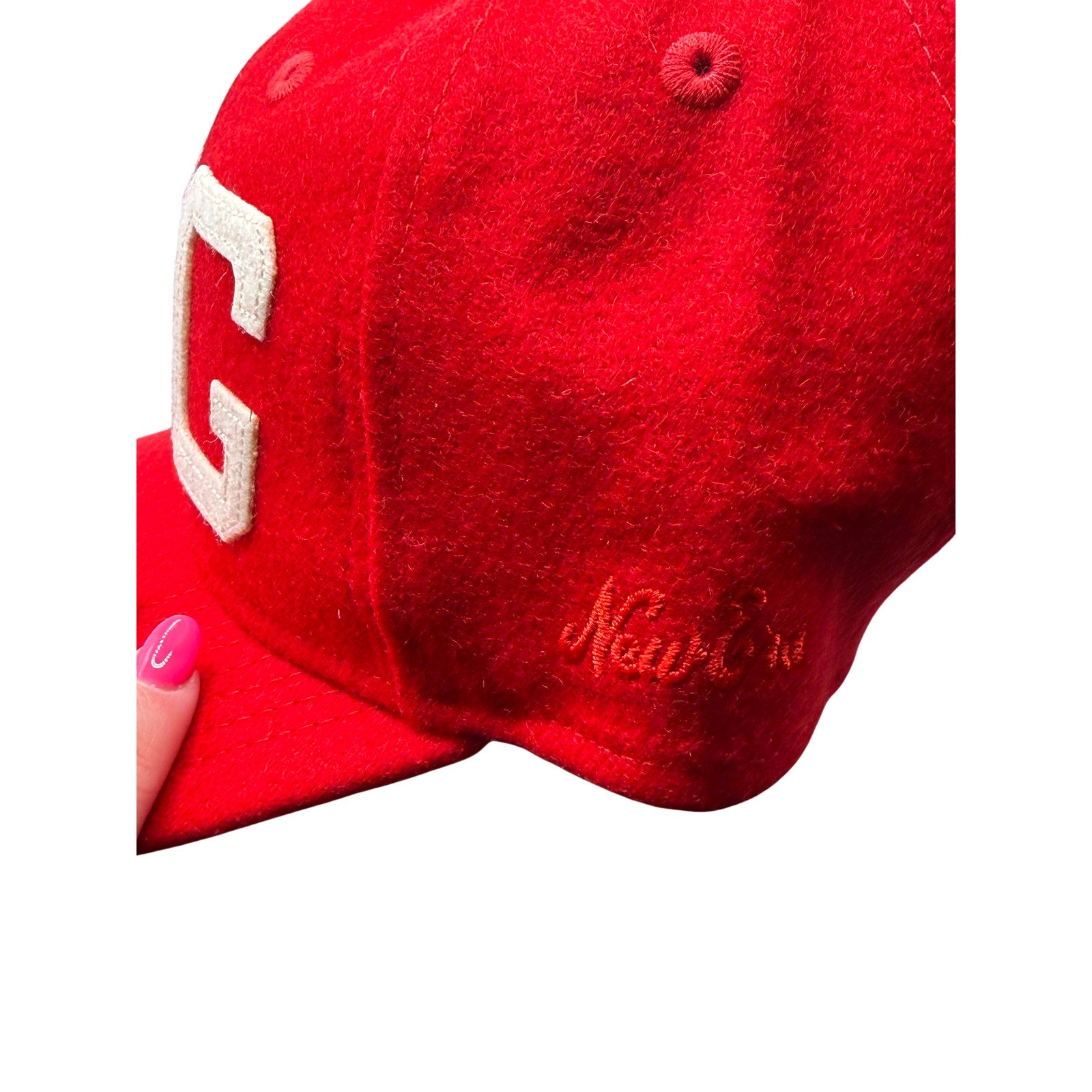 Red and cream Fear of God x New Era 59FIFTY fitted hat with FG logo, showing front view and structured design.