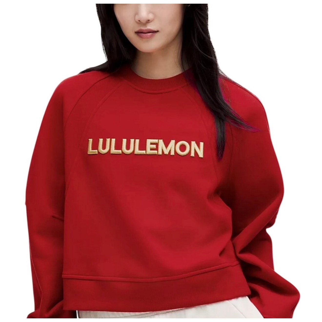 Lululemon dark red Scuba oversized crewneck sweatshirt, front view showing relaxed fit and soft fabric, size M/L.