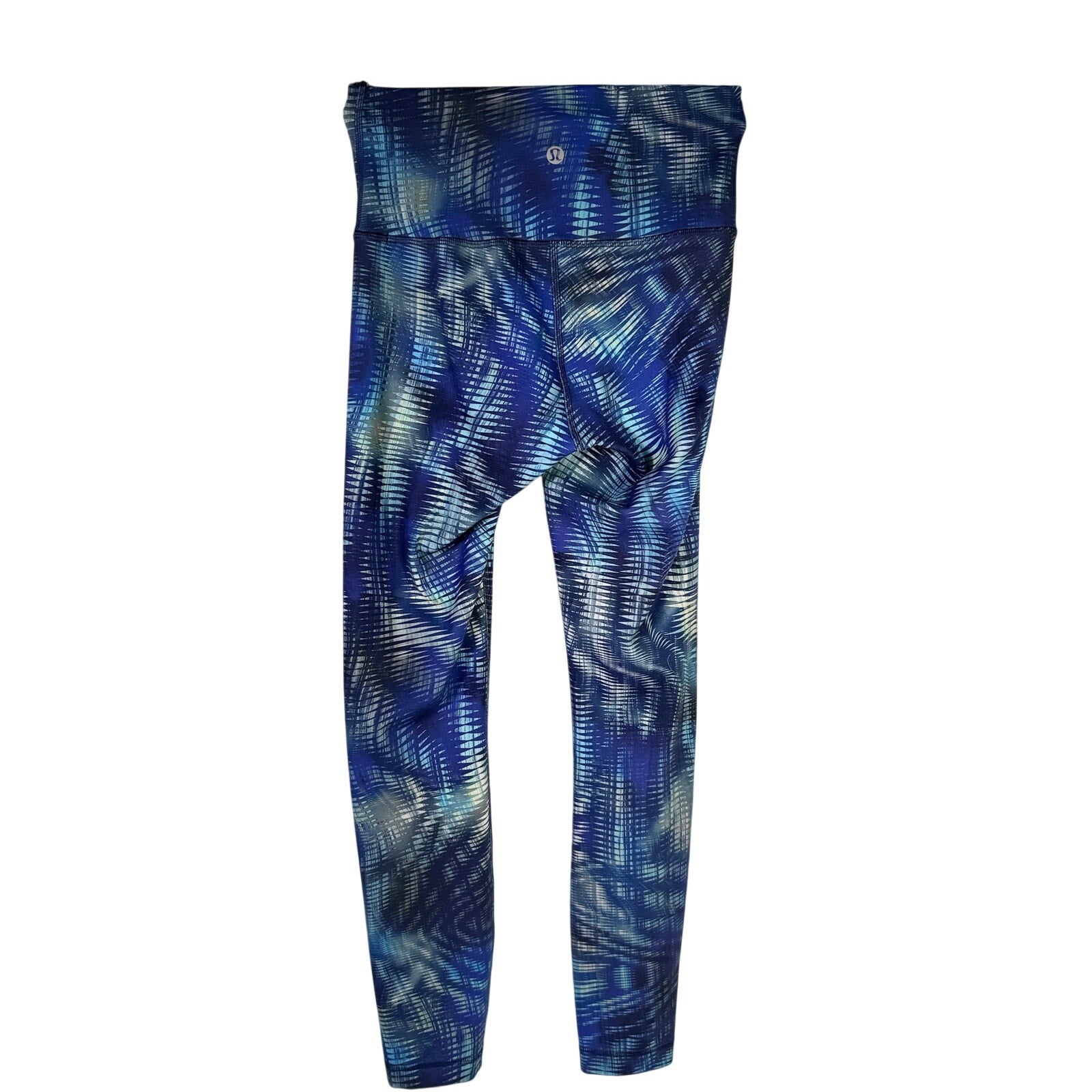 Blue abstract print lululemon women’s high-rise full-length leggings, size 4, with a fitted stretch design.