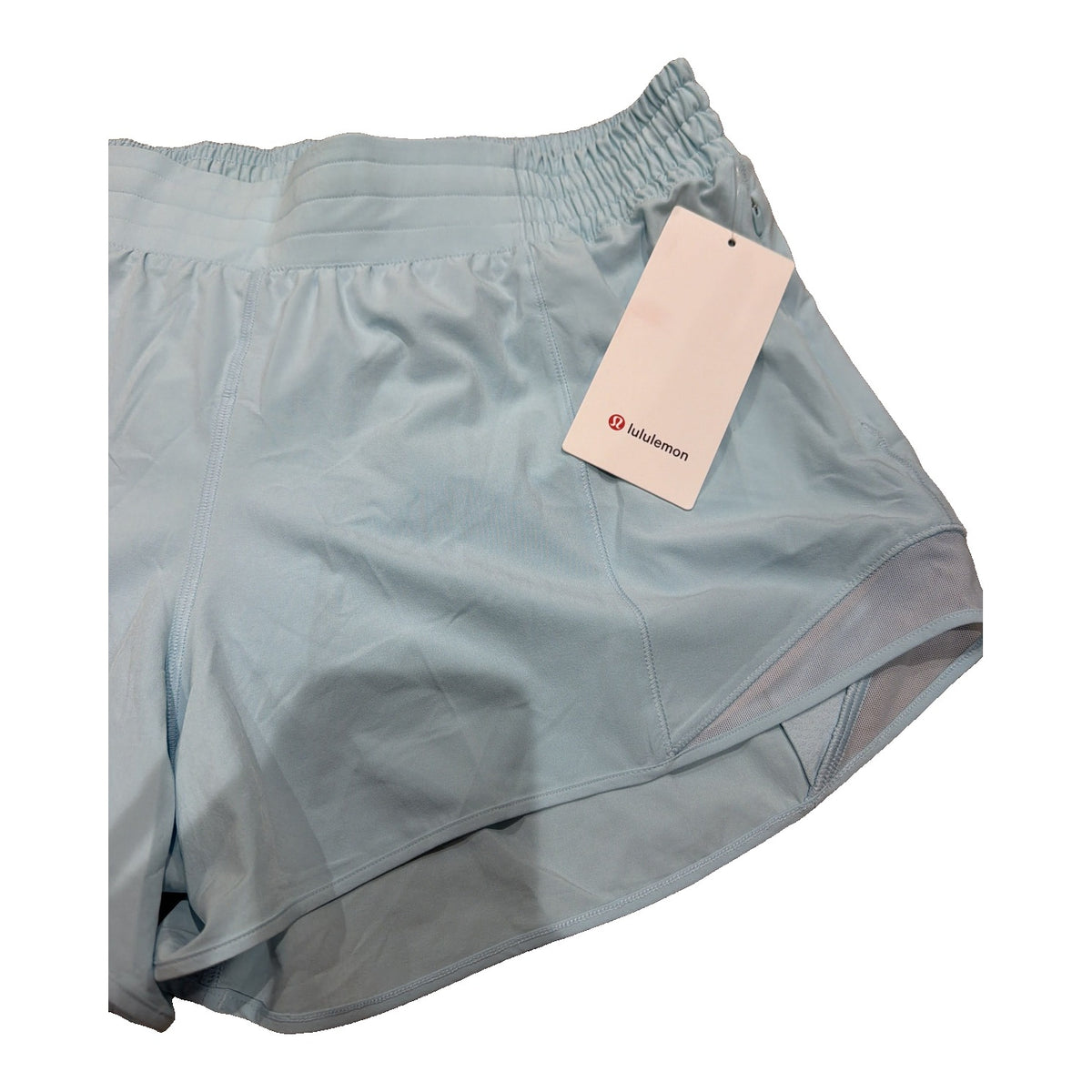 Lululemon Hotty Hot HR 4-inch lined women's running shorts in foam blue, high-rise, size 14, with a comfortable fit