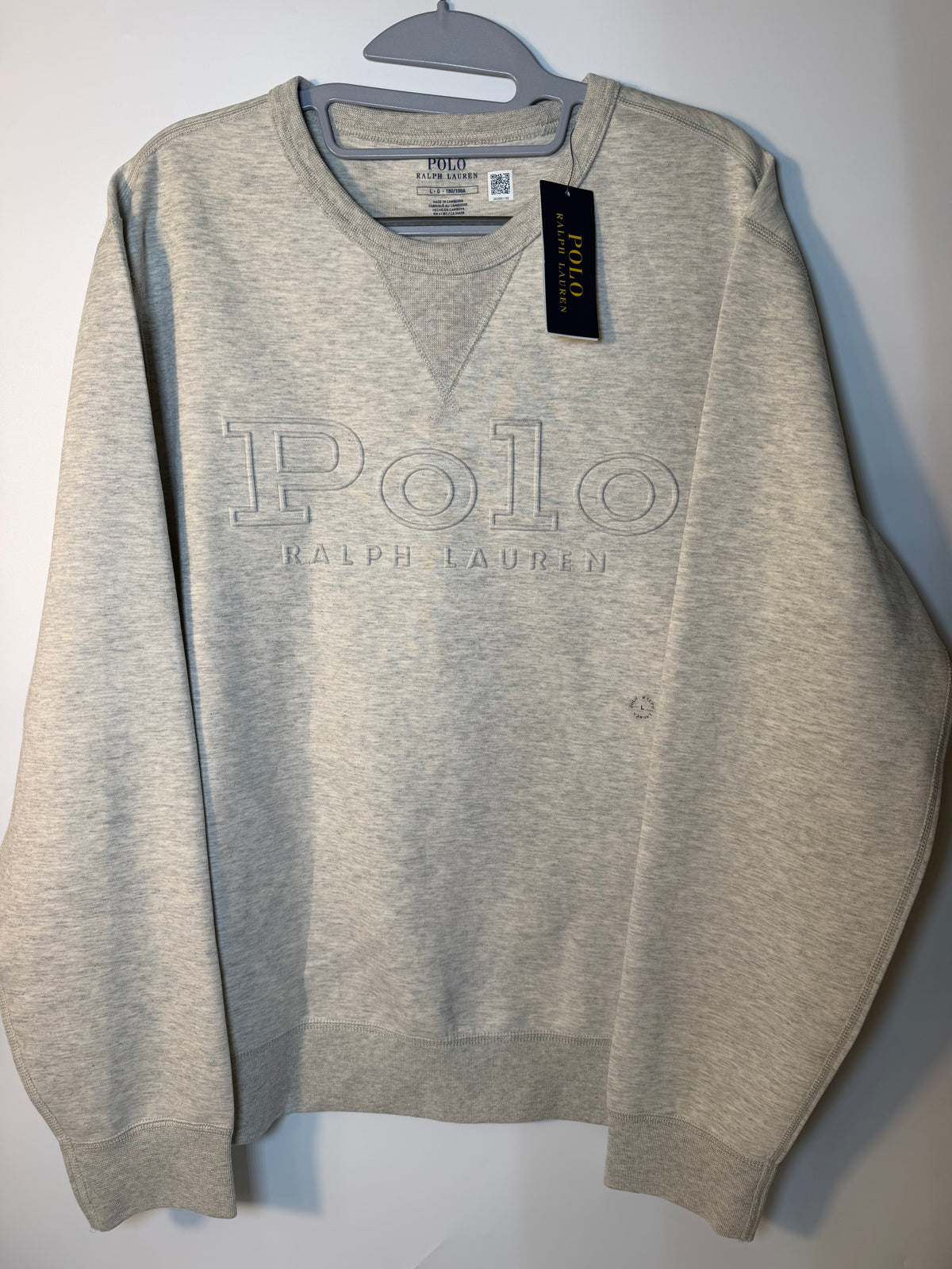 Gray Polo Ralph Lauren logo sweatshirt for men, large size, crewneck style, made of soft fabric.