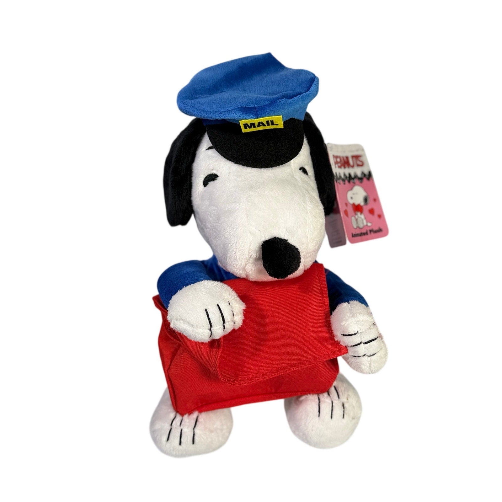 Peanuts Snoopy plush mail carrier toy with animated features, perfect for Valentine's Day, soft stuffed animal for kids and collectors.