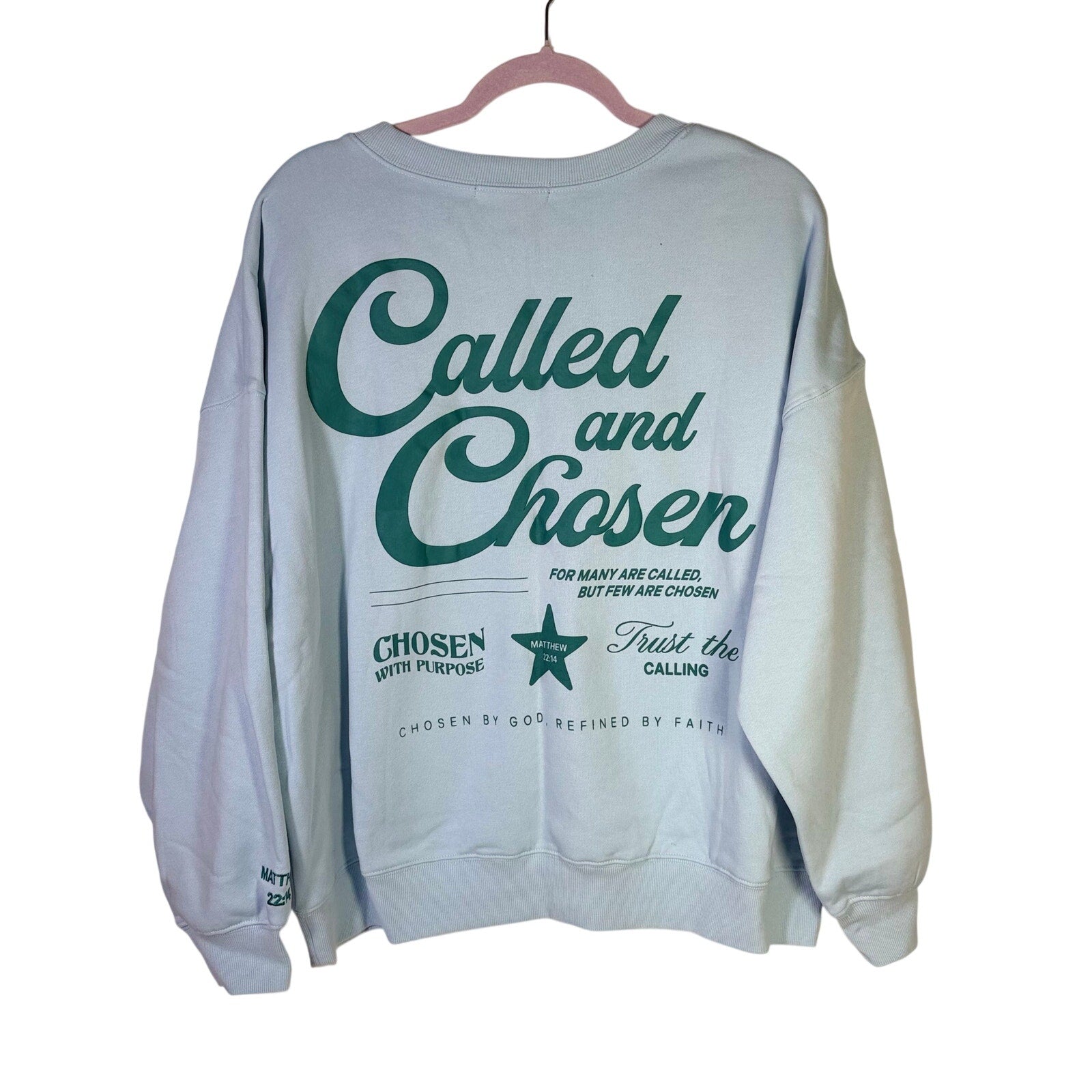 Light blue Revival Club Called and Chosen Christian sweatshirt, XL size, with Christian-themed design on soft fabric.