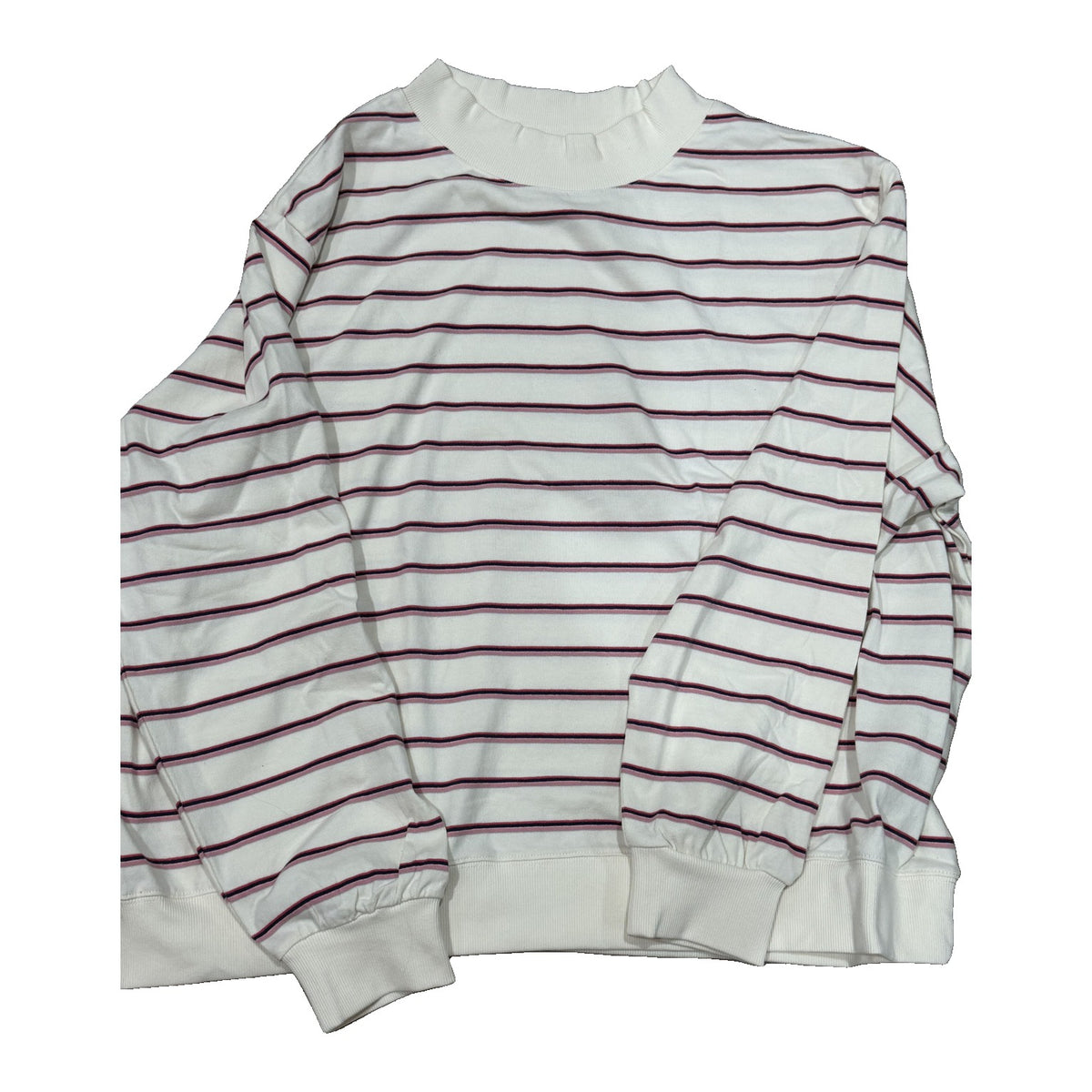 Parke Women's XXL striped mock neck sweatshirt in cream, pink, and navy with leather logo patch on the chest.