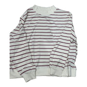 Parke Women's XXL striped mock neck sweatshirt in cream, pink, and navy with leather logo patch on the chest.
