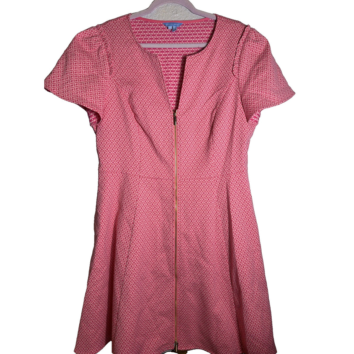 Draper James pink geometric jacquard fit and flare dress with short sleeves, size 14, front zipper, pre-owned women's dress.