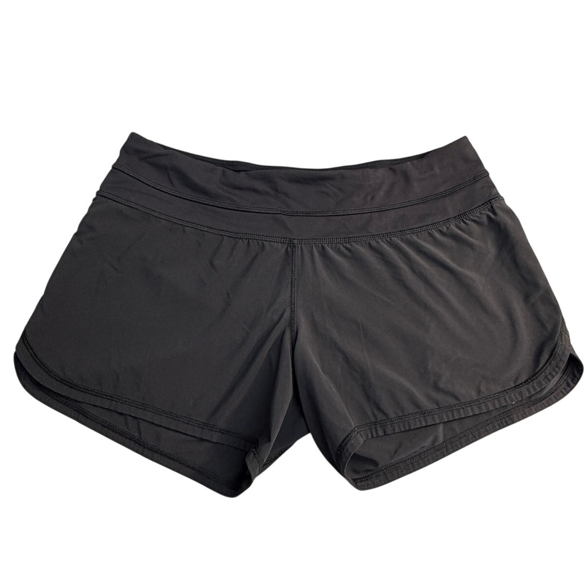 Lululemon women's black running shorts with zip back pocket, size 8, lightweight athletic shorts for active wear.