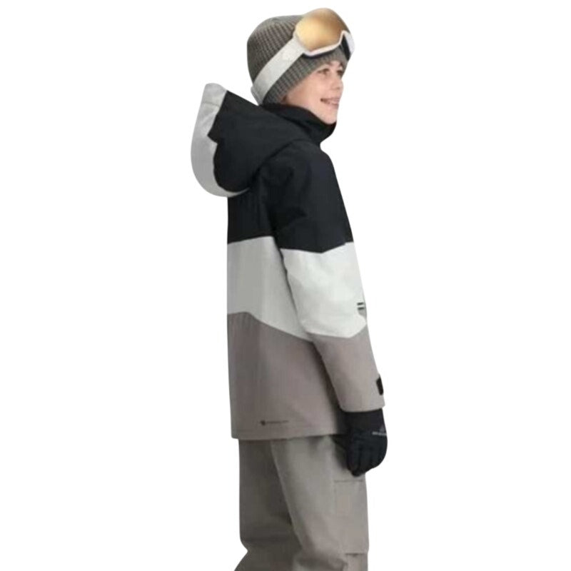 Obermeyer Boys Axel jacket in moonstone color, size XL, with front zipper and hood, designed for winter outdoor wear.