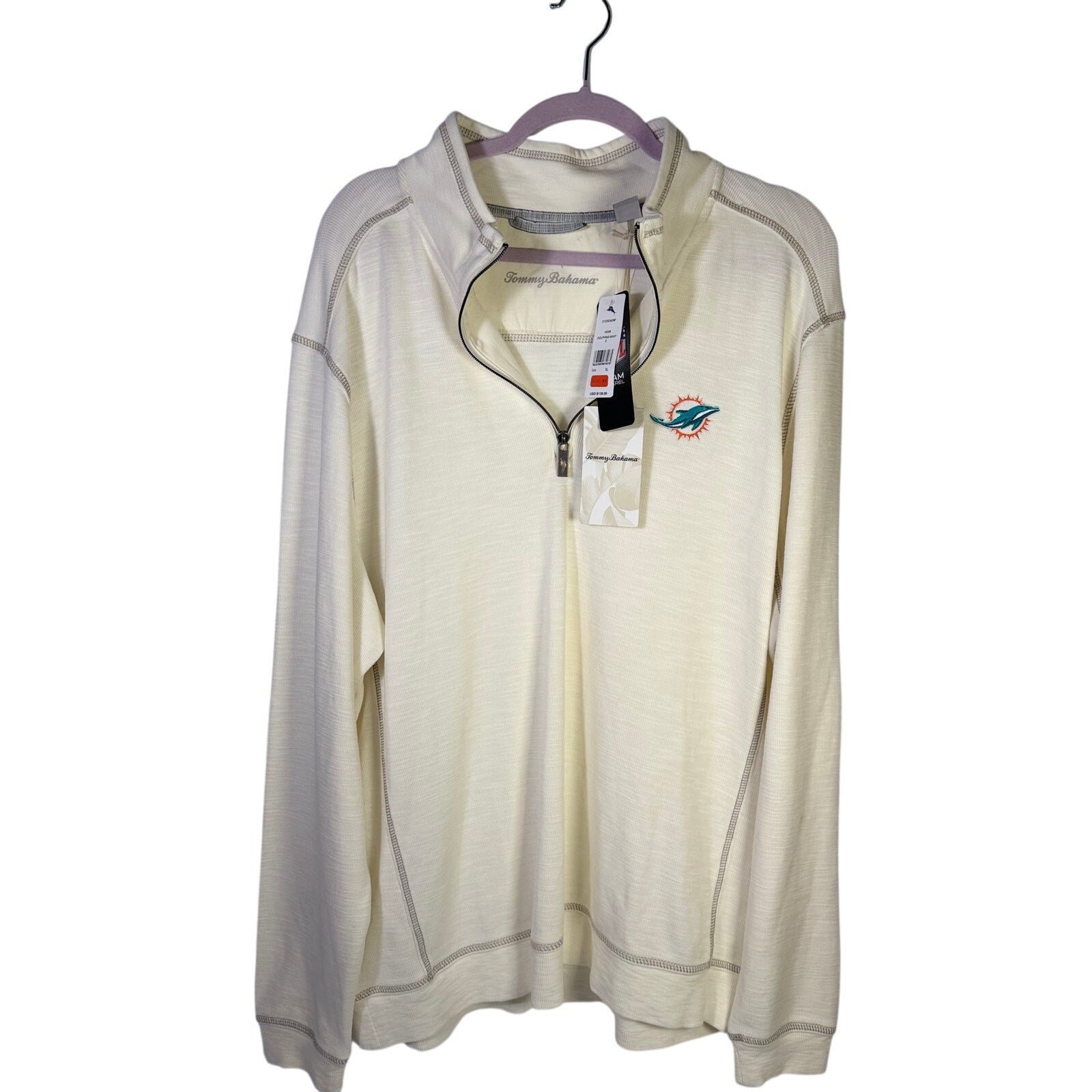 Tommy Bahama Miami Dolphins NFL Tobago Bay half-zip sweatshirt for men, XL, white, with Dolphins logo and comfortable fabric.