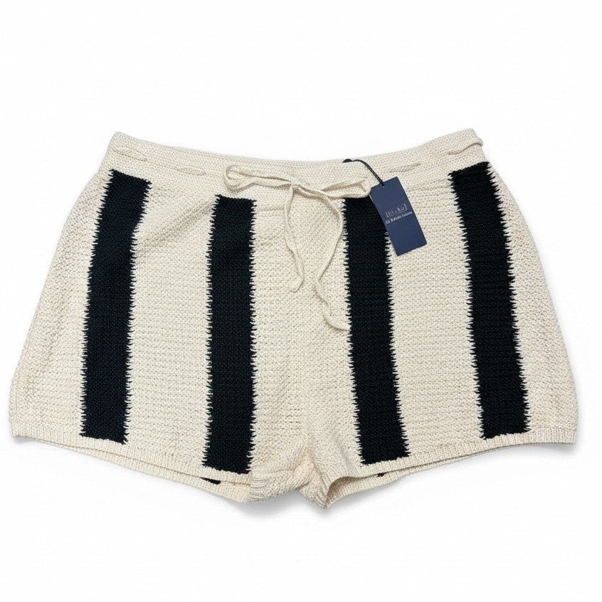 Cream and black striped cotton linen shorts for women by Polo Ralph Lauren, featuring a comfortable knit design, size XL.