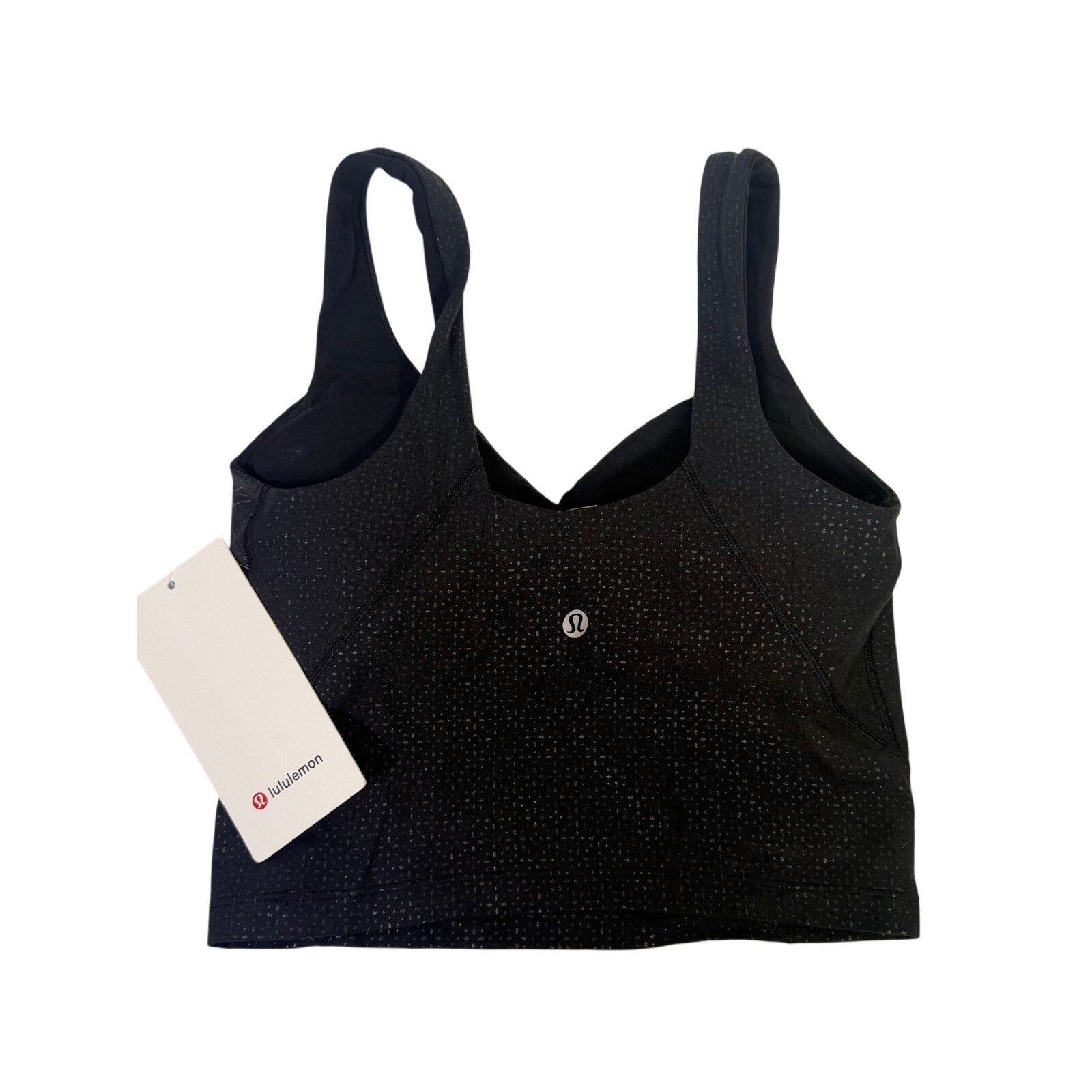 Black Lululemon Align tank top for women with built-in bra, size 4, featuring subtle sparkle detail, new with tags.