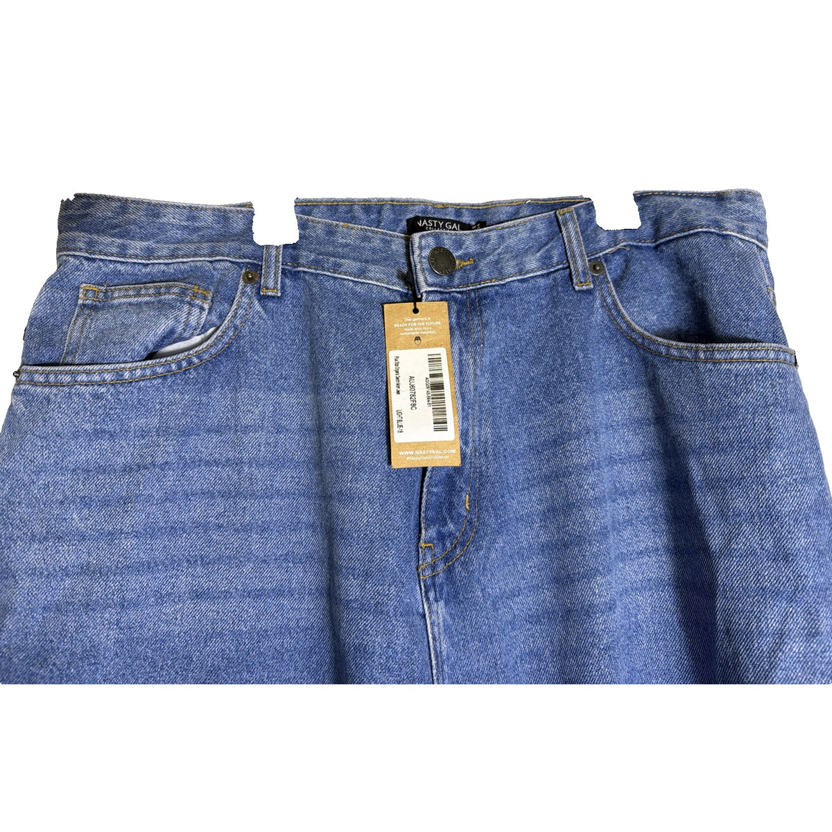 Nasty Gal organic light blue denim mom jeans for women, plus size 14, showing relaxed fit and classic five-pocket design.