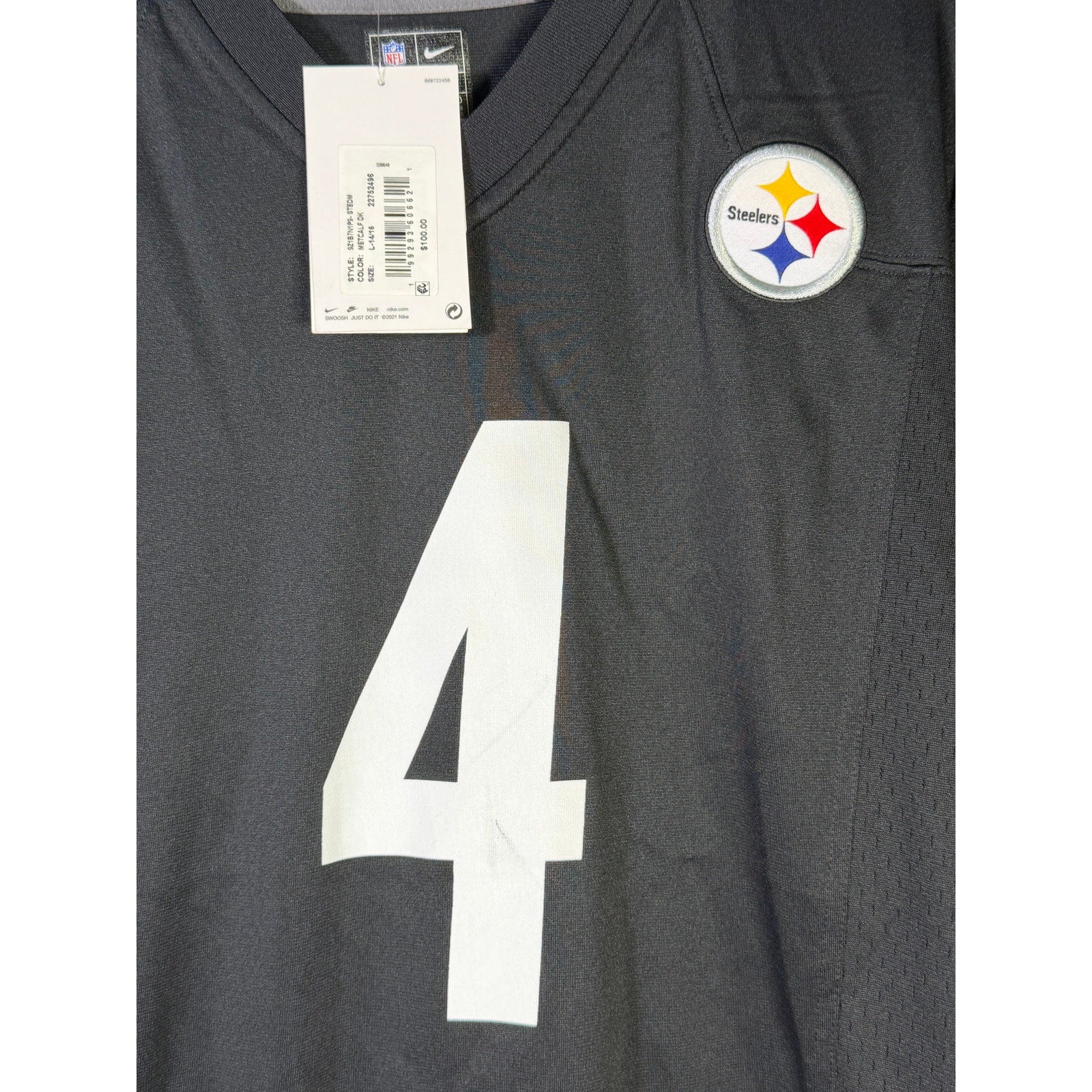 Nike Pittsburgh Steelers George Pickens #14 NFL game jersey for men, large size, black, with team logo and player number visible.