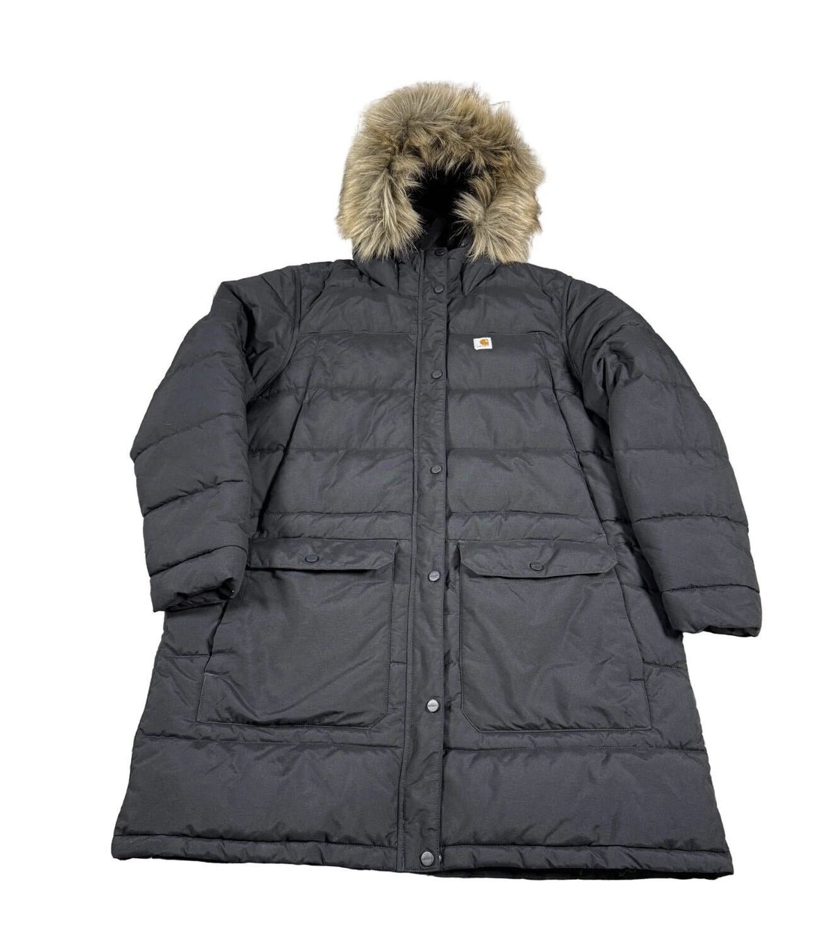 Carhartt Women's black Montana insulated parka with faux fur hood, relaxed fit, and medium size, suitable for cold weather.