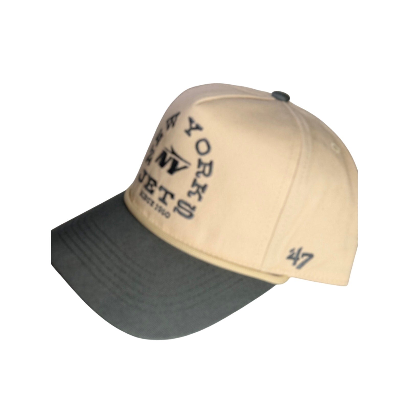 '47 Brand New York Jets adjustable snapback hat in cream gray with NFL logo, OSFM fit, front embroidery, casual sports style
