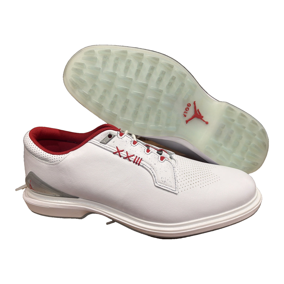 Men's Nike Jordan ADG 4 golf shoes in white and gym red, featuring sporty design and athletic grip, size 11, new without box.