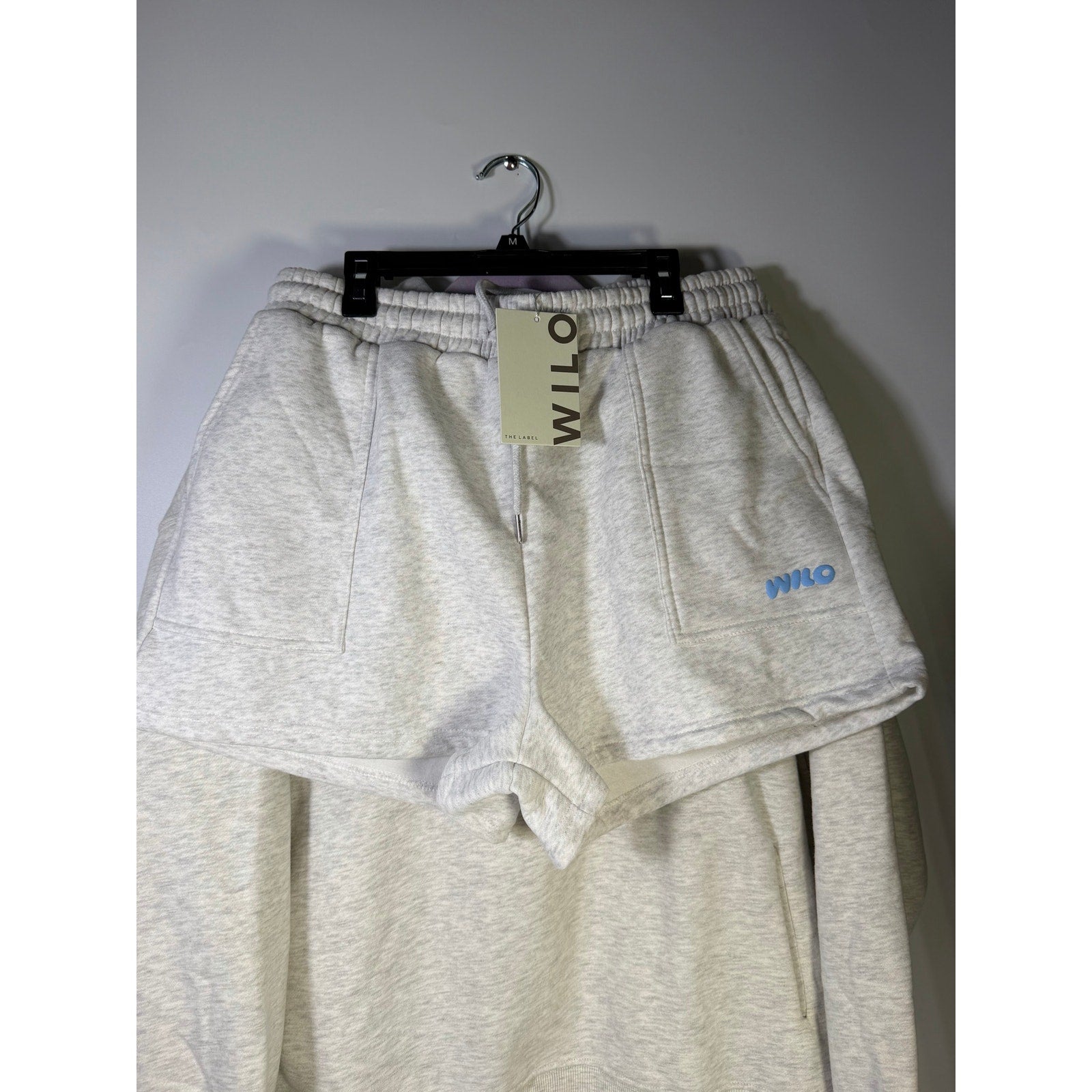 WILO women's 2-piece hoodie and shorts outfit set in white marle blue, featuring a hoodie and matching shorts.